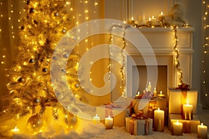 Christmas Tree Interior with Golden Lights Decoration in White Room with Fireplace and Candles. Xmas Decorated Fir Tree with Gift