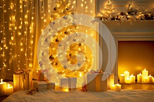 Christmas Tree Interior with Golden Lights Decoration in White Room with Fireplace and Candles. Xmas Decorated Fir Tree with Gift