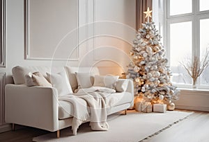 Christmas tree in the interior of the living room with a white sofa.