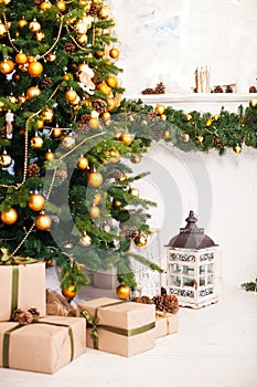 Christmas tree and Interior room decorated in Christmas style wi