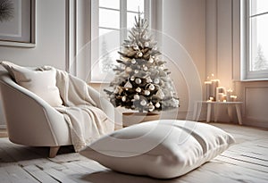 Christmas tree in the interior of the room with a sofa and a lamp.