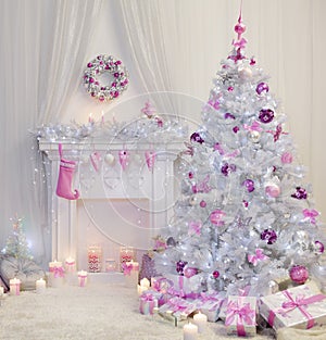 Christmas Tree Interior, Xmas Fireplace in Pink Decorated Indoor