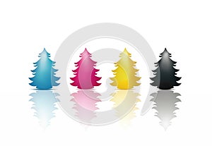 Christmas tree isolated in cyan magenta yellow black colors. CMYK Concept. Merry Christmas