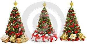 Christmas Tree Isolated on White, Set of Decorated Xmas Tree with Present Gift Boxes