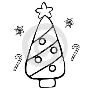 Christmas tree. Jewelry from toys. Caramel cane and snowflakes. Colorless background. Coloring book for children. Christmas. New Y