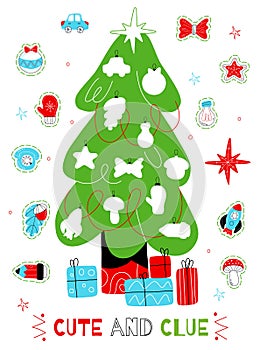 Christmas tree kids game. Childrens education, new year toys stickers, tree decoration worksheet template, empty spaces