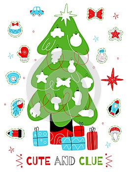 Christmas tree kids game. Childrens education, new year toys stickers, tree decoration worksheet template, empty spaces with