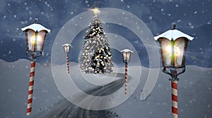 Christmas tree lantern north pole christmas road on snow