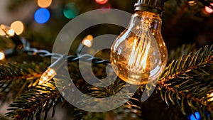 A Christmas tree with a light bulb hanging from it