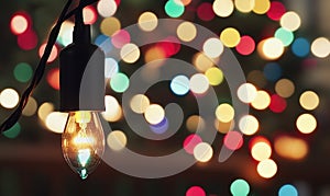 A Christmas tree with a light bulb hanging from it