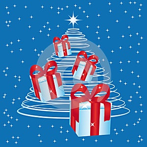 Christmas tree light with presents on a starry night. Vector card.