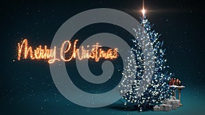 Christmas tree with lights and bright Merry Christmas text