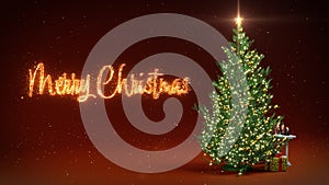 Christmas tree with lights and bright Merry Christmas text on red