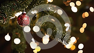 A Christmas tree with lights and a red ornament