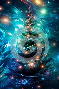 a christmas tree with lights and swirls in the background