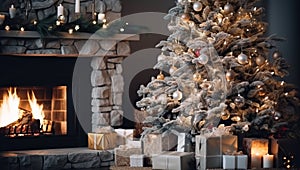 Christmas tree in the living room with a fireplace and gifts. Christmas background