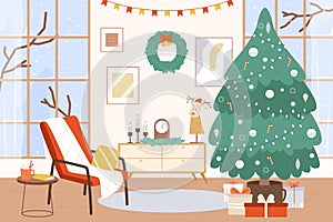 Christmas tree living room interior. Winter holiday area with snowy window. Xmas gift boxes and new year decorations