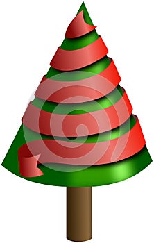 Christmas tree looped by red ribbon
