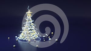 Christmas tree made of balls on blue background with copy space. 3d rendering illustration. Silver, gold and grey colors.Minimal