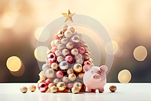 Christmas tree made of baubles with golden star and piggy bank on lights background. Saving money for Christmas.