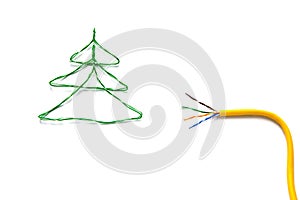 Christmas tree made from cables of Twisted pair RJ45 and yellow patch cord for Lan network.