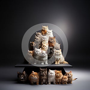 Christmas tree made of cats isolated on black background