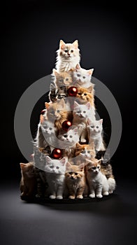 Christmas tree made of cats isolated on black background