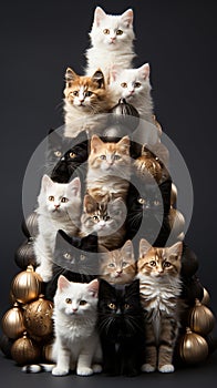 Christmas tree made of cats isolated on black background