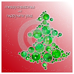 Christmas tree made of circles cut the paper. Falling snow. Bright abstract glowing background. Greeting card