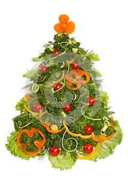 Christmas tree made of different vegetarian food