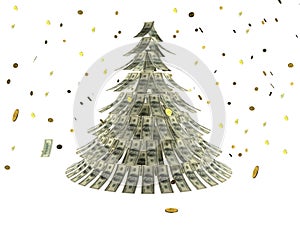 Christmas tree made by dollars with coin as snow