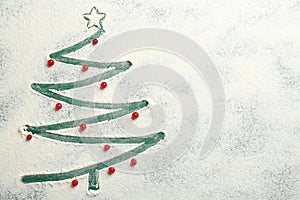 Christmas tree made of flour and cranberries on green background, flat lay. Space for text