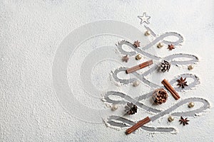 Christmas tree made of flour and festive decor on grey table, flat lay. Space for text