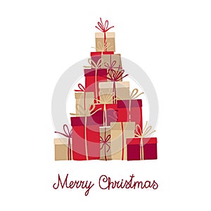 Christmas Tree made of gifts boxes. Merry Christmas and Happy New Year design. Realistic pile gifts boxes. Vector illustration.