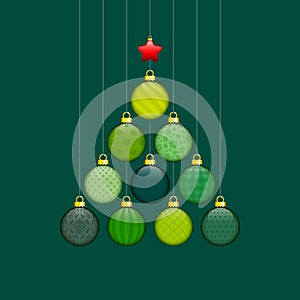 Christmas Tree Made Of Green Baubles With Pattern And Red Star Gold