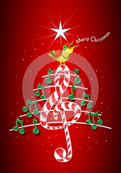 Christmas tree made of green musical notes, candy bar shaped treble clef and yellow bird singing and title: MERRY CHRISTMAS