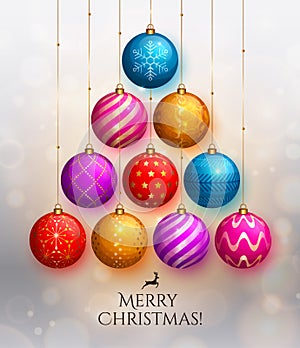 Christmas tree made of hanging baubles. Vector illustration.