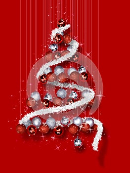 Christmas Tree Made of Ornaments on Red Background