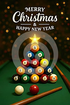 Christmas Tree Made of Pool Balls on Billiard Table