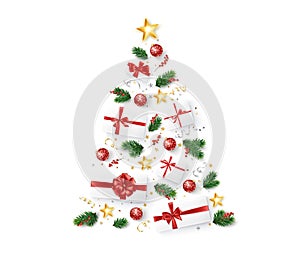 Christmas tree made of presents, ornaments and fir-tree twigs. Holiday decoration on white background.