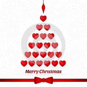 Christmas tree made of red hearts. Red bow, ribbon. Merry Christmas, New Year.