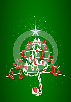 Christmas tree made of red musical notes, candy bar shaped treble clef and pentagram on green background with stars