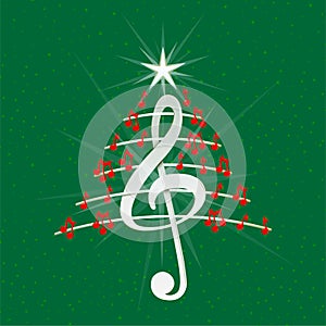 Christmas tree made of red musical notes, treble clef and pentagram on green background with stars  - Vector image