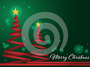 Christmas tree made of red ribbon with gold star on green background.