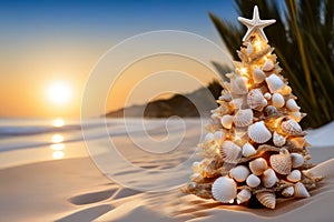 Christmas tree made of seashells and corals with a starfish on the top on blurred tropical beach background.