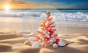 Christmas tree made of seashells and corals with a starfish on the top on blurred tropical beach background.
