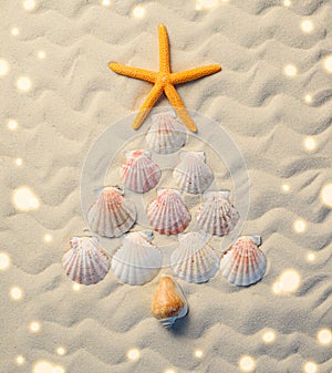 Christmas tree made of seashells and seastar on the sand. Travel season to sun countries and to seashore on New Year`s holidays