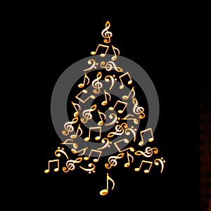 Christmas tree made of shiny golden musical notes on black