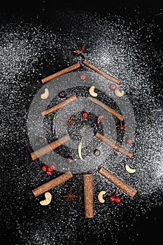 Christmas tree made from spices and nuts on a black background.