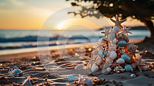 Christmas Tree Made of Starfish Ornaments and Seashells On The Ocean Shore Beach Sand - Generative AI